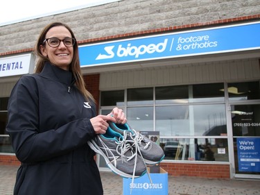 Lisa Labreche, of BioPed Footcare Sudbury, is inviting Greater Sudburians to donate gently used footwear to support BioPed's Cash for Kicks campaign. John Lappa/Sudbury Star/Postmedia Network