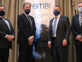 The founding members of the Abitibi Institute, a new regionally focused think-tank, held a press conference last week to launch their organization. From left, Robert Manseau, Timmins Mayor George Pirie, Tony Makuch, and Gaetan Malette. ANDREW AUTIO/Local Journalism Initiative