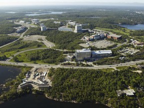 An aerial view of Laurentian University during the 2010 construction of the Vale Living With Lakes Centre.