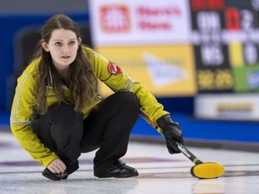 Team Northern Ontario skip Krysta Burns in draw nine action, the Scotties Tournament of Hearts 2021, the Canadian Women's Curling Championship.