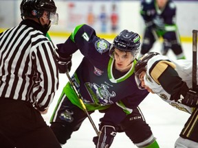Brett Moravec of the Calgary Canucks lines up for a faceoff during a recent game.
