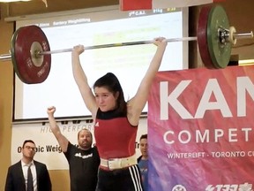 Alana Santavy lifted 76 kilogram in the snatch and 95 kilogram in the clean and jerk to win silver with a total lift of 171 kilogram in the women's 64-kilogram weight class in March. She's shown in a file photograph from 2018. File photo/Postmedia Network