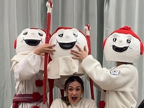 Emma Bertrand, centre, was revealed as the Bonhomme on Saturday night, capping off this year's annual winter carnival hosted by Centre culturel La Ronde. She was accompanied by Melissa Kelly-Lavoie, on left, and Seth Guillemette. They were the two other participants who had carnival-goers guessing which of the three was the real Bonhomme.

Supplied