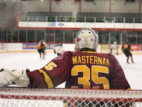 Timmins Rock goaltender and Oshawa native Tyler Masternak watches the play during a game in December against the Hearst Lumberjacks at the McIntyre Arena. Masternak, now 20, is in the final season of his junior eligibility.

ANDREW AUTIO/Local Journalism Initiative