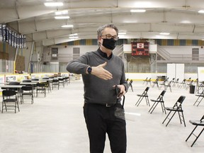 Gary Schelling, Porcupine Health Unit's communications specialist, provided local media with an inside look of the set-up at Mountjoy Arena the day before the health unit will be hosting a COVID-19 vaccine clinic city residents people ages 80 years and older. 

RICHA BHOSALE/The Daily Press