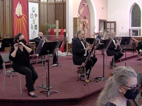 Members of the Timmins Symphony Orchestra are seen here  at St. Anthony of Padua Cathedral on Saturday where they were recording a performance that will be air online on April 10. 

Supplied