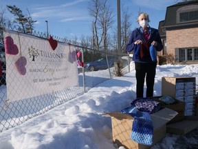 Marge, a resident of Tillsonburg Retirement Residence, has been busy knitting hats for homeless people in the area. Yarn for the project was donated by the community, along with scarves and blankets. (Chris Abbott/Norfolk & Tillsonburg News)