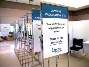 Southwestern Public Health invited media and local politicians to preview the Oxford County Mass Immunization Clinic at Goff Hall last Thursday where they were making final preparations for Monday's opening. (Chris Abbott/Postmedia Network)