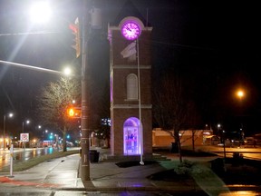 The Rotary Clock Tower in Tillsonburg shone with purple lights in honour of Epilepsy Awareness Day from March 26-March 31. (Chris Abbott/Norfolk and Tillsonburg News)