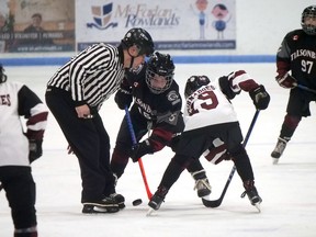 Tillsonburg minor hockey atom rep players face off Sunday afternoon in an exhibition game at the Kinsmen Memorial Arena. (Chris Abbott/Norfolk & Tillsonburg News)