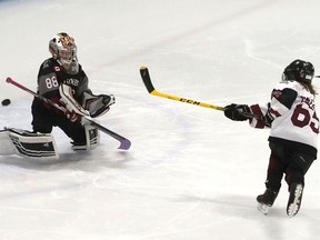 An atom house league hockey player scores in the Colin Campbell Community Arena Sunday afternoon during TMHI’s wrap-up event. (Chris Abbott/Norfolk and Tillsonburg News)