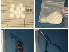 These drugs and weapons are among the items seized by Chatham-Kent police during a drug bust at a Wallace Street residence in Wallaceburg on March 9. Handout