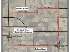 A map details the Furnival Road detour route during construction. Handout