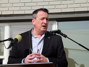 Ontario's Minister of Indigenous Affairs Greg Rickford speaks at a funding announcement in Kenora on Wednesday, March 10.