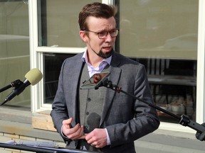 Henry Wall, the Chief Administrative Officer with the Kenora District Services Board, speaks to the media during a funding announcement outside the Waterview Inn on Lakeview Drive on Wednesday, March 10.