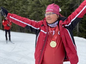 Anne Howlett celebrates after winning gold in the 2.5-kilometre classic, her second cross country skiing gold medal at the 2020 Special Olympics Canada National Winter Games in Thunder Bay, March 2020. Howlett has been named to the Special Olympics Team Canada 2022 Training Squad ahead of the 
next next Special Olympics World Winter Games. Photo supplied.