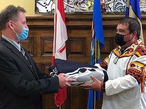 During the March 8 Wetaskiwin's Deputy Mayor Kevin Lonsdale presented Fabian Littlechild with a blanket to honour all his efforts in bringing the communities of Wetaskiwin and Maskwacis closer together.
Ren Goode/City of Wetaskiwin