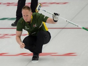 Brad Jacobs delivers a rock at the 2021 Tim Hortons Brier last month in Calgary