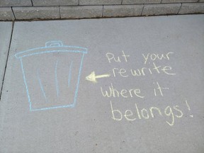 Concerned teachers and parents organized a chalk protest outside of the constituency offices of local MLAs Nate Glubish and Jordan Walker on Wednesday, March 31 in response to the release of the draft K-6 curriculum rewrite. Photo courtesy Twitter/@teachermowich