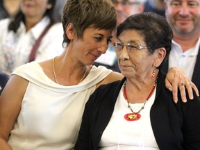 Algoma University president Asima Vezina and Shirley Roach at launch of residential school exhibition at Arthur A. Wishart Library in Sault Ste. Marie, Ont., on Friday, Aug. 3, 2018. (BRIAN KELLY/THE SAULT STAR/POSTMEDIA NETWORK)