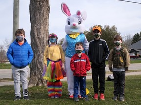 With the Easter Bunny Saturday morning in Tillsonburg are from left Kristopher and Brooklyn Weigel and their neighbours Wesley, Lucas and Nolan Thompson. (Chris Abbott/Norfolk & Tillsonburg News)