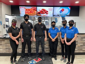 The staff at Hanover's Domino's Pizza. From left to right are Tanya Garg (supervisor), Gagandeep Singh (general manager), Rick Singh (franchisee), Dilpreet Kaur (assistant manager), Manbir Kaur (shift manager) and Rajwinder Kaur (shift manager).