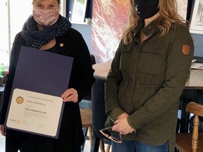 Meika Matthews, left, of Port Dover, was honoured this weekend with a Paul Harris Fellow by the Rotary Club of Norfolk Sunrise. Among those on hand for the presentation was Elaine Thomas, former principal of Port Dover Composite School.