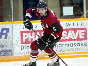 Jordan Spadafore of the Miramichi Timberwolves handles the puck during a game against the Campbellton Tigers during Maritime Hockey League action on March 27.