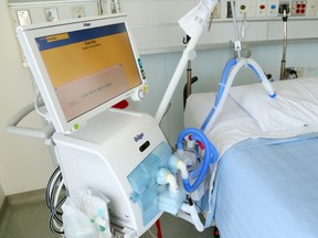 A ventilator stands next to a bed in the intensive care unit of Belleville General Hospital in August. There were four patients with COVID-19 in the unit as of Thursday. Quinte Health Care had 11 COVID-positive patients in total.