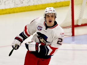 Brooks Bandits forward Dario Beljo celebrates a goal during Alberta Junior Hockey League action in 2020-21.