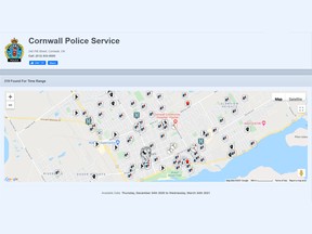 A screenshot of the Cornwall Police Service's crime map, on Friday, April 9, 2021.