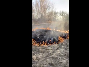 A screenshot, taken from video filmed by witness Brock Allatt-Koenig, of a grass fire near Motherhouse in North Bay, Thursday evening.