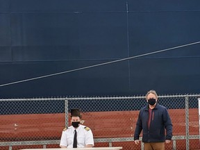 The Algoma Intrepid captained by Capt. Kirk Lake was welcomed dockside by Mayor John Grace (right). Submitted