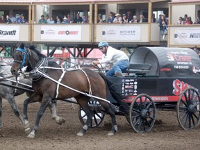 Western Chuckwagon Association wagon racer Erik Tremblay (shown here) racing during the Dash for Cash at Evergreen Park in 2019. The Sexsmith resident won his first aggregate title after four days of racing at the Grande Prairie Stompede. The  board of directors postponed the event for the second consecutive year due to COVID-19.