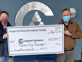 Michael Radcliffe, left, and Barry Gilmour, right, of Gilrad Developments Inc. recently donated $25,000 toward the 'Building a New Craigholme' campaign in Ailsa Craig. Handout