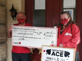 Bob Fletcher presents Laura MacIntyre, of Kincardine, with the Catch the Ace winning cheque for $19,324.50 on Monday, April 5 at the Kincardine Legion. Hannah MacLeod/Kincardine News