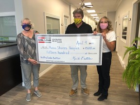 On Friday, April 9, Keith and Linda Battler presented their first instalment of a year-long commitment that $250 will be donated to Huron Shores Hospice for every listing with Keith at Royal LePage Exchange Realty Co in Kincardine. The cheque was for $1,500 and represents the first quarter of 2021. SUBMITTED