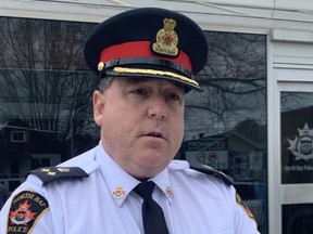 Deputy police chief Michael Dazé speaks to local media, Tuesday afternoon, following a monthly North Bay Police Services Board meeting. Among the topics discussed were how police respond to calls for service. Jennifer Hamilton-McCharles/The Nugget