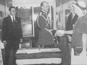 His Royal Highness was the first to sign the guest book for the new Town of Petawawa, as Deputy Mayor Ed Chow with wife Corry (left) watch on as Prince Philip speaks with Mayor Dennis Carmody and wife Dorilla.