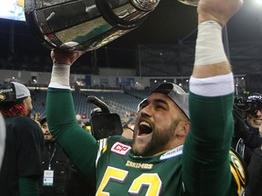 Sherwood Park’s Ryan King celebrates after helping Edmonton’s CFL squad to the 2015 Grey Cup title. Brian Donogh/Postmedia Network