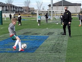 The Spruce Grove Soccer Association is preparing for their regular season, beginning in May. Tryouts for the Spruce Grove Saints premiere soccer league, seen here, were held at Fuhr Sports Park on April 10.