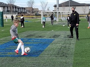 The Spruce Grove Soccer Association is preparing for their regular season, beginning in May. Tryouts for the Spruce Grove Saints premiere soccer league, seen here, were held at Fuhr Sports Park on April 10.