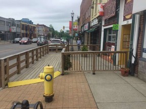 Local bars and restaurants are hopping on the patio bandwagon this year in an effort to bolster their bottom line during the COVID-19 pandemic. This was the set-up in front of Amigas on Norfolk Street South in Simcoe last year. – Norfolk County photo