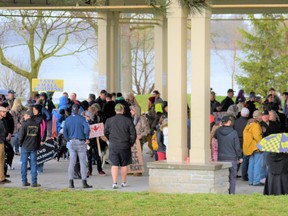 Upwards of 150 people attended a rally Friday in Belleville to protest lockdowns by the Ontario government. DEREK BALDWIN