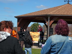 Protesters attend a rally at the North Bay waterfront, Saturday, in opposition to continued COVID-19 lockdowns. Michael Lee/The Nugget