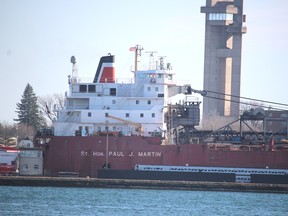 Rt. Hon. Paul J. Martin enters Soo Locks in Sault Ste. Marie, Mich., on Friday, April 16, 2021. Tower of History is in the background. (BRIAN KELLY/THE SAULT STAR/POSTMEDIA NETWIORK)