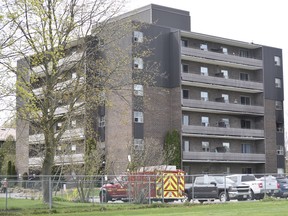 Residents from 47 units in a Tillsonburg apartment building were displaced Sunday evening after an apartment fire. A small group of fire officials continued to work on scene at the building on Concession Road Monday afternoon. (Kathleen Saylors/Woodstock Sentinel-Review)