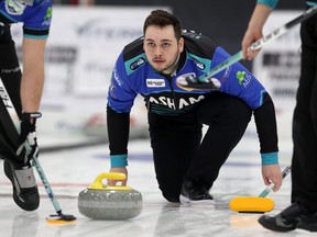 Skip Tanner Horgan delivers a shot during the 2020 provincial men's curling championship at Eric Coy Arena in Winnipeg on Wed., Feb. 5, 2020.