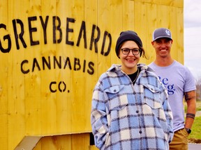 Robyn Rabinovitch, left, says Greybeard Cannabis of Townsend is the first vertically-integrated production-retail facility in Canada. The company’s click-and-collect website went online Wednesday. With Rabinovich is Greybeard co-owner Jay Bluhm, of Townsend. – Monte Sonnenberg