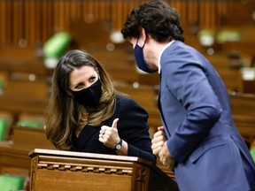 Finance Minister Chrystia Freeland gives a thumbs up to Prime Minister Justin Trudeau in the House of Commons. BLAIR GABLE/REUTERS